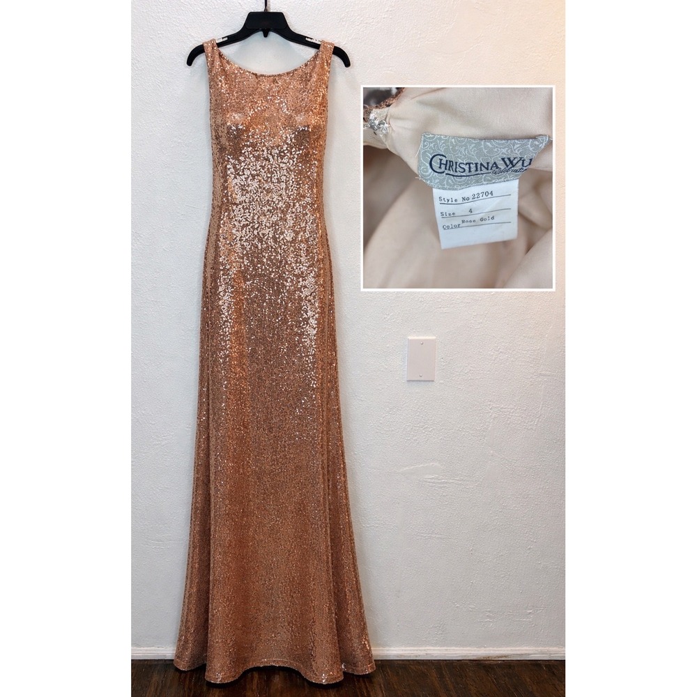 Christina Wu‎ Celebration Rose Gold Sequin Formal Gown Size 4 Evening Prom Dress